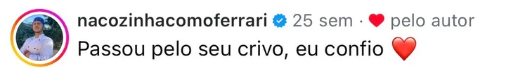 Comentário de seguidor no Instagram do @guganacozinha aprovando a receita